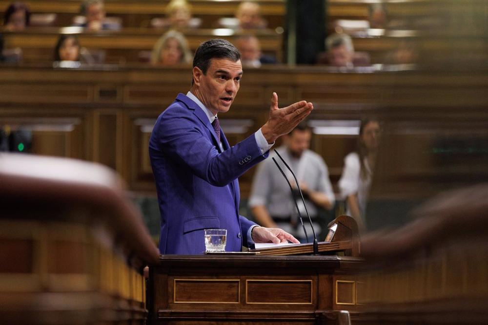 El presidente del Gobierno, Pedro Sánchez, interviene durante un debate de la moción de censura, en el Congreso de los Diputados, a 21 de marzo de 2023, en Madrid (España). El