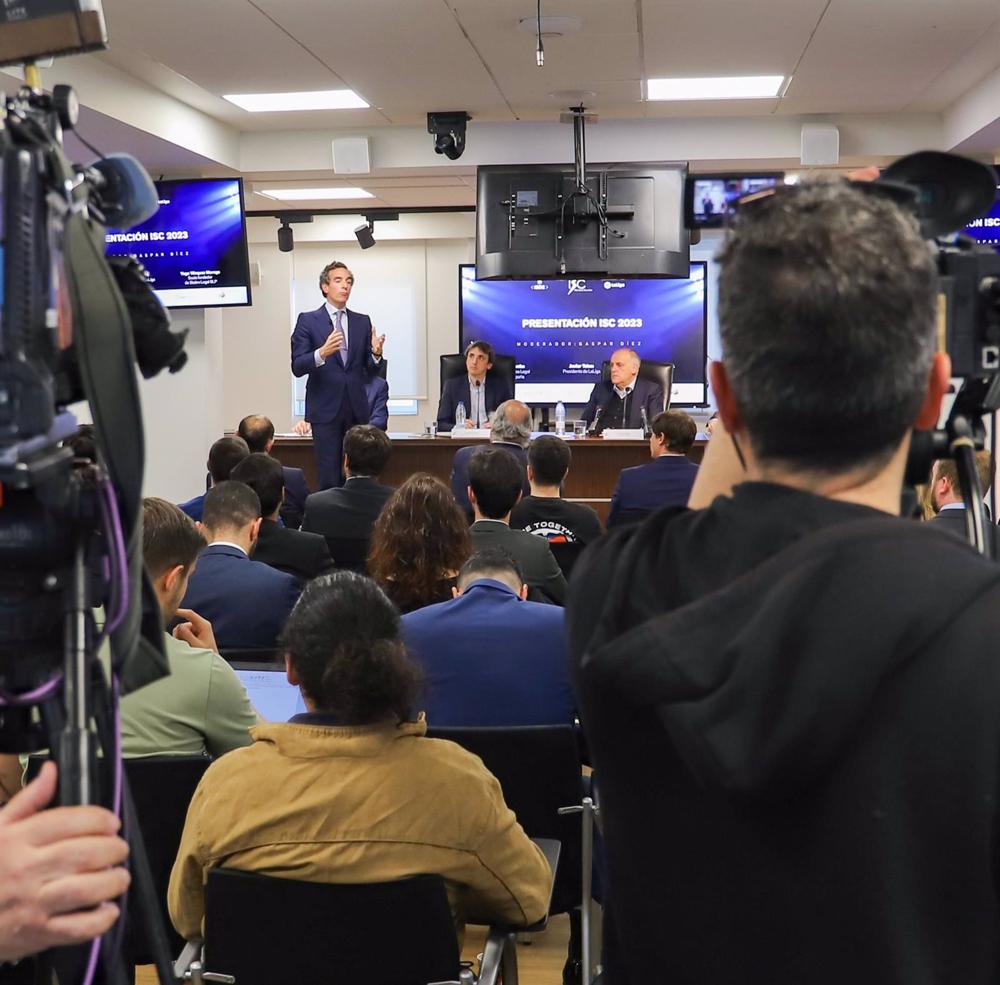 El presidente de LaLiga, Javier Tebas, participa en la presentación de la cuarta edición del ISDE Sports Convention (ISC). El