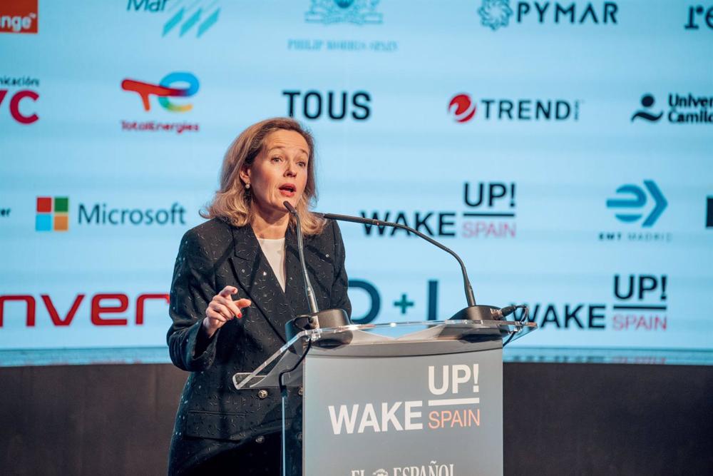 La vicepresidenta primera del Gobierno y ministra de Asuntos Económicos y Transformación Digital, Nadia Calviño, inaugura la tercera edición del foro 'Wake Up, Spain!' La