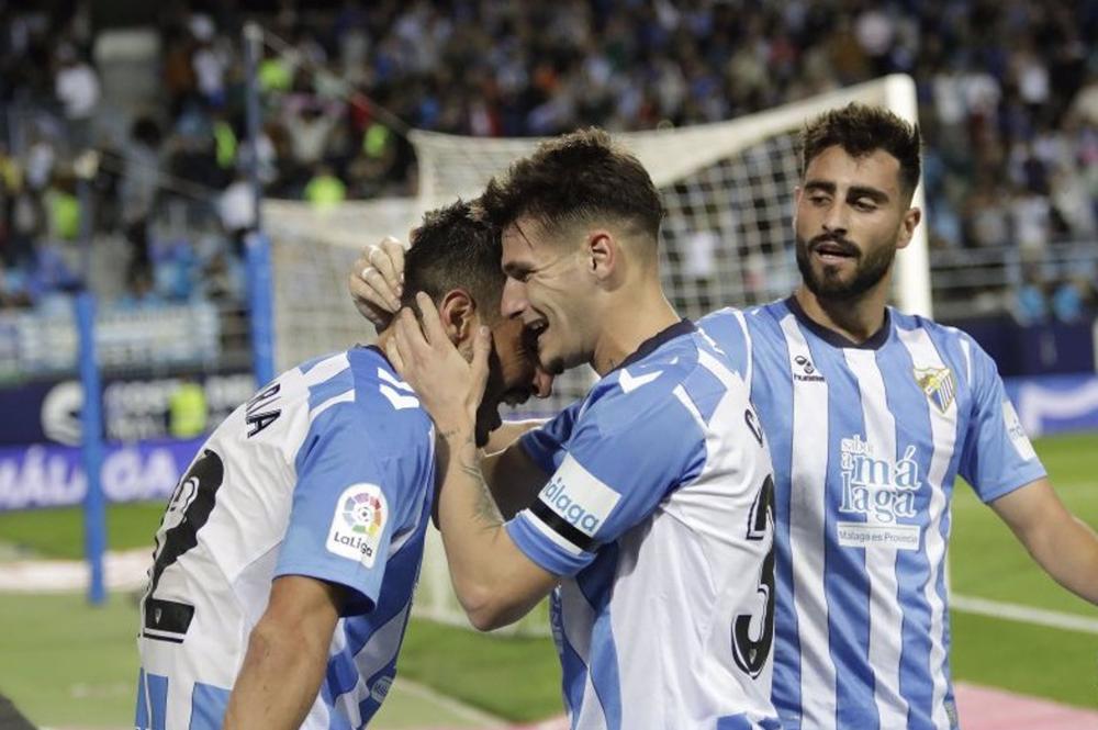 Los jugadores del Málaga celebran el 2-0 de Pablo Chavarria ante el Leganés en LaLiga SmartBank 2022-2023 Los