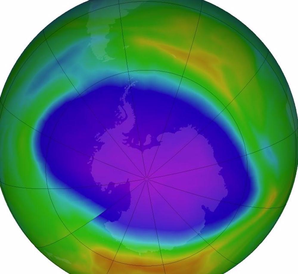 File - The 2021 Antarctic ozone hole reached its maximum area on October 7 and ranks 13th largest since 1979. File