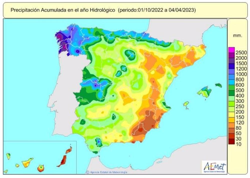 Precipitació acumulada en España en el año hidrológico Precipitació