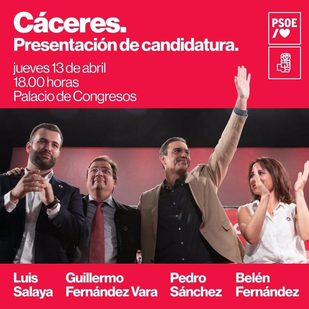 Cartel informativo del acto del PSOE el 13 de abril en Cáceres con Pedro Sánchez a la cabeza. Cartel