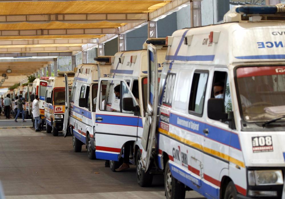 Archive - Ambulances at a hospital in the city of Ahmedabad, India. Archive