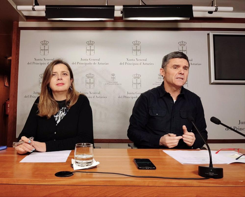 Archivo - El portavoz parlamentario de Podemos Asturies, Rafael Palacios, y la portavoz municipal de Somos OviedoAna Taboada en rueda de prensa. Archivo