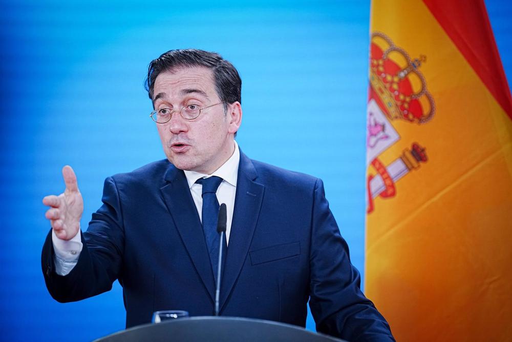 21 April 2023, Berlin: Jose Manuel Albares Bueno, Spain's Foreign Minister, speaks during a joint a press conference with his German counterpart Annalena Baerbock (not picture). Photo: Kay Nietfeld/dpa 21