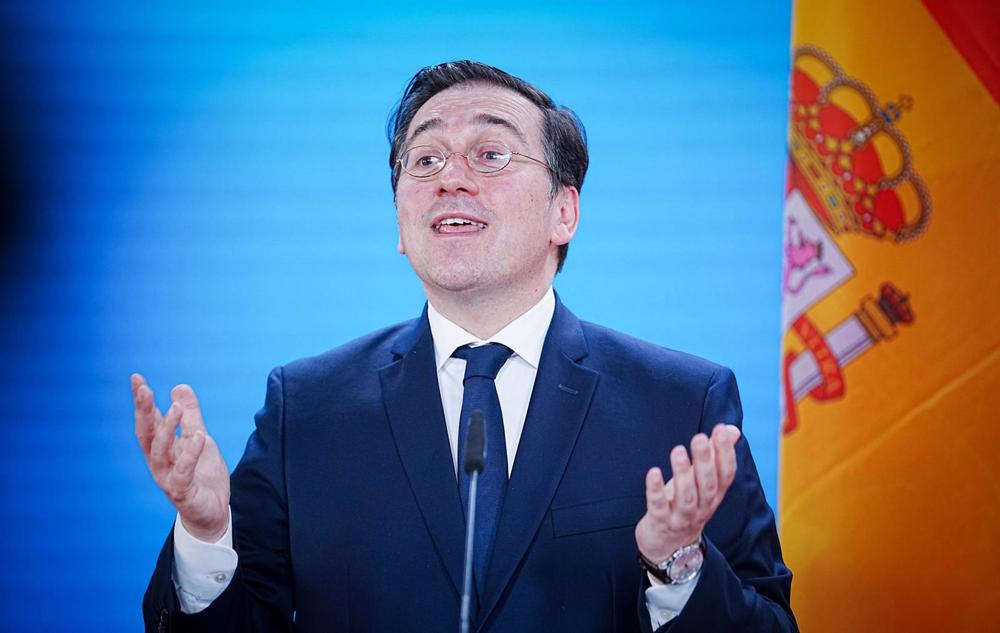 21 April 2023, Berlin: Jose Manuel Albares Bueno, Spain's Foreign Minister, speaks during a joint a press conference with his German counterpart Annalena Baerbock (not picture). Photo: Kay Nietfeld/dpa 21