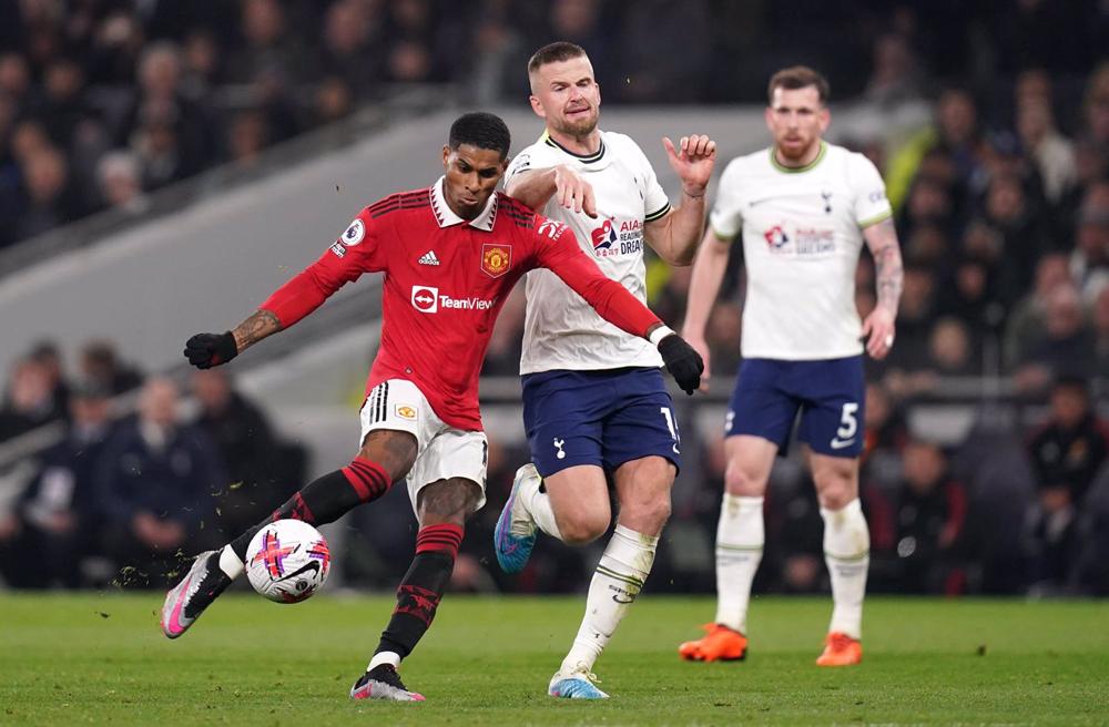27 April 2023, United Kingdom, London: Manchester United's Marcus Rashford has a shot at goal during the English Premier League soccer match between Tottenham Hotspur and Manchester United at the Tottenham Hotspur Stadium. Photo: John Walton/PA Wire/dpa 27