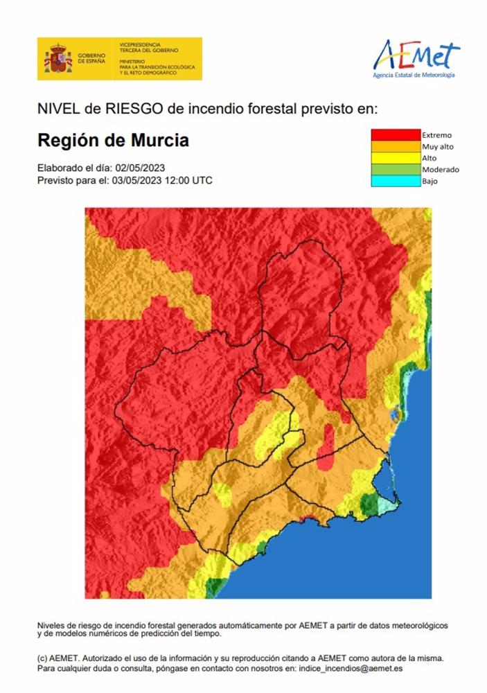 El nivel de riesgo de incendio forestal previsto para este miércoles es extremo o muy alto en toda la Región El