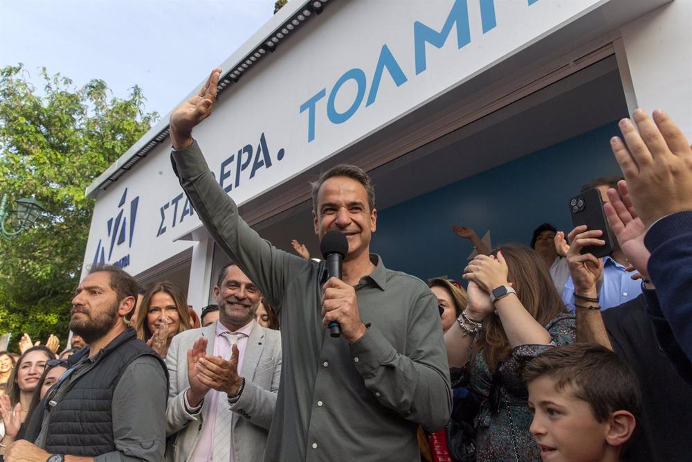 ATHENS, May 15, 2023 -- Greek Prime Minister Kyriakos Mitsotakis addresses supporters of his political party New Democracy in Athens, Greece, on May 14, 2023. Greek Prime Minister Kyriakos Mitsotakis ruled out on Sunday the prospect of cooperation with t ATHENS,