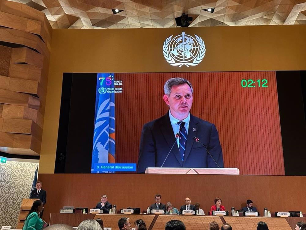 El ministro de Sanidad, José Miñones, interviene en el Debate General de la 76ª Asamblea Mundial de la Salud (AMS) que se ha celebrado este lunes en la sede de la Organización Mundial de la Salud (OMS). En Ginebra (Suiza), a 22 de mayo de 2023. El