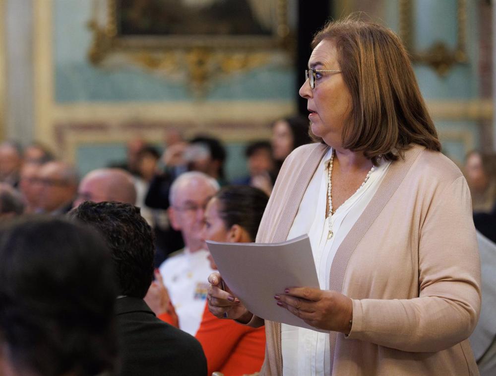 La presidenta de la Asociación de Víctimas del Terrorismo, Maite Araluce, durante un desayuno informativo de Fórum Europa, en el Casino Gran Círculo, a 23 de mayo de 2023, en Madrid (España). La