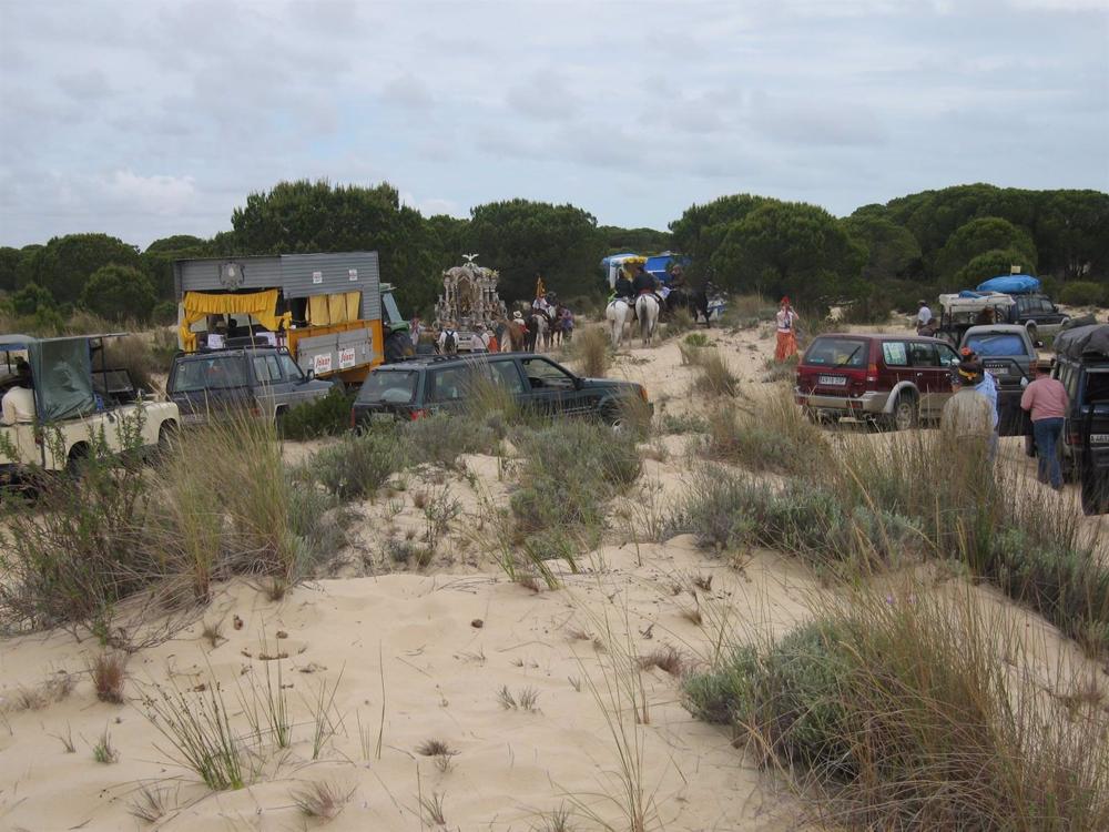 Rocieros por los caminos que cruzan Doñana. Rocieros
