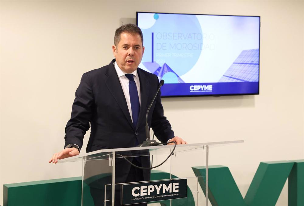 El presidente de Cepyme, Gerardo Cuerva, presenta los resultados del Observatorio de Morosidad correspondientes al primer trimestre del año, en la sede de Cepyme, a 23 de mayo de 2023, en Madrid (España). El