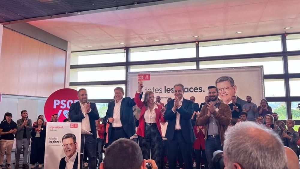 Rodríguez Zapatero junto a Ximo Puig y Amparo Marco en el mitin de cierre de campaña en Castelló Rodríguez