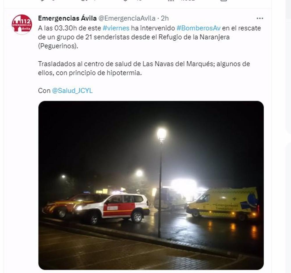 Captura del tuit sobre el rescate de los senderistas. Captura