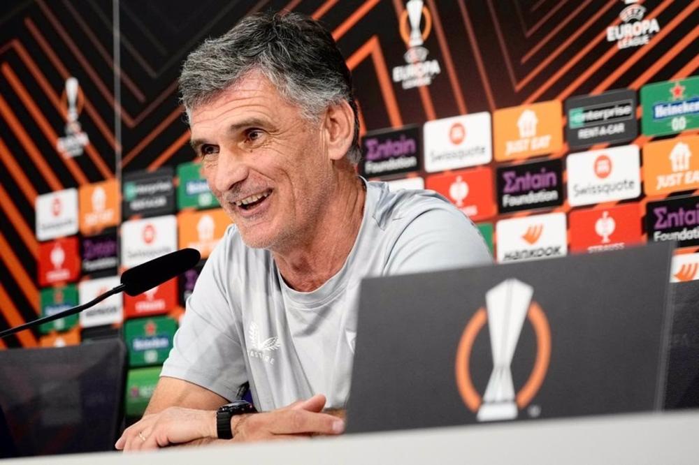 El entrenador del Sevilla FC, José Luis Mendilibar, en rueda de prensa de la Liga Europa El