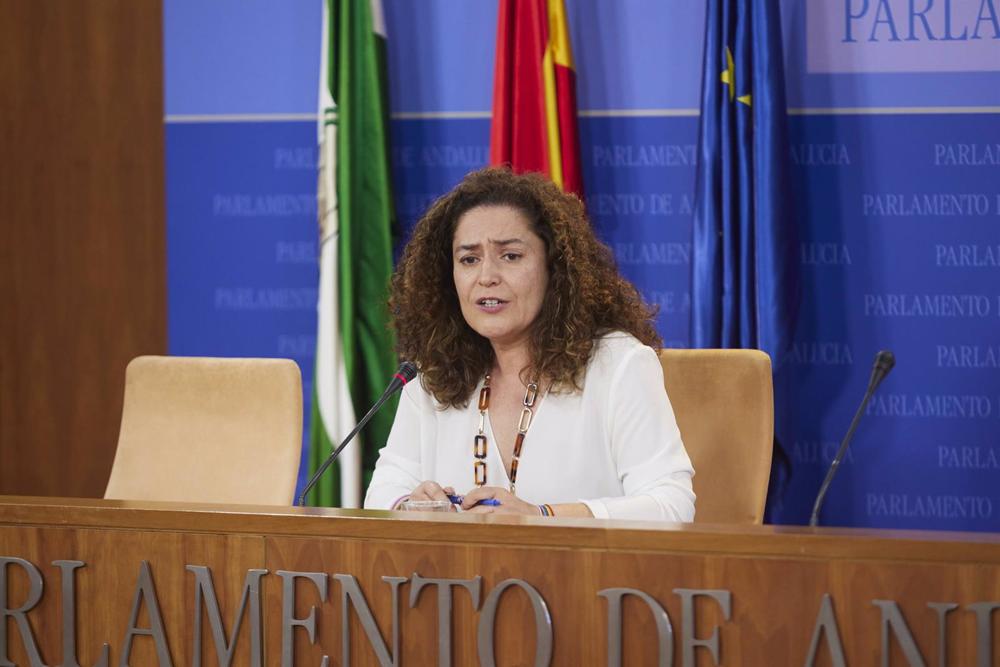 La portavoz del Grupo Por Andalucía, Inmaculada Nieto, durante la ronda de ruedas de prensa de portavoces de los grupos parlamentarios con motivo de la reunión de la Mesa y de la Junta de Portavoces en el Parlamento de Andalucía, a 31 de mayo de 2023 en S La