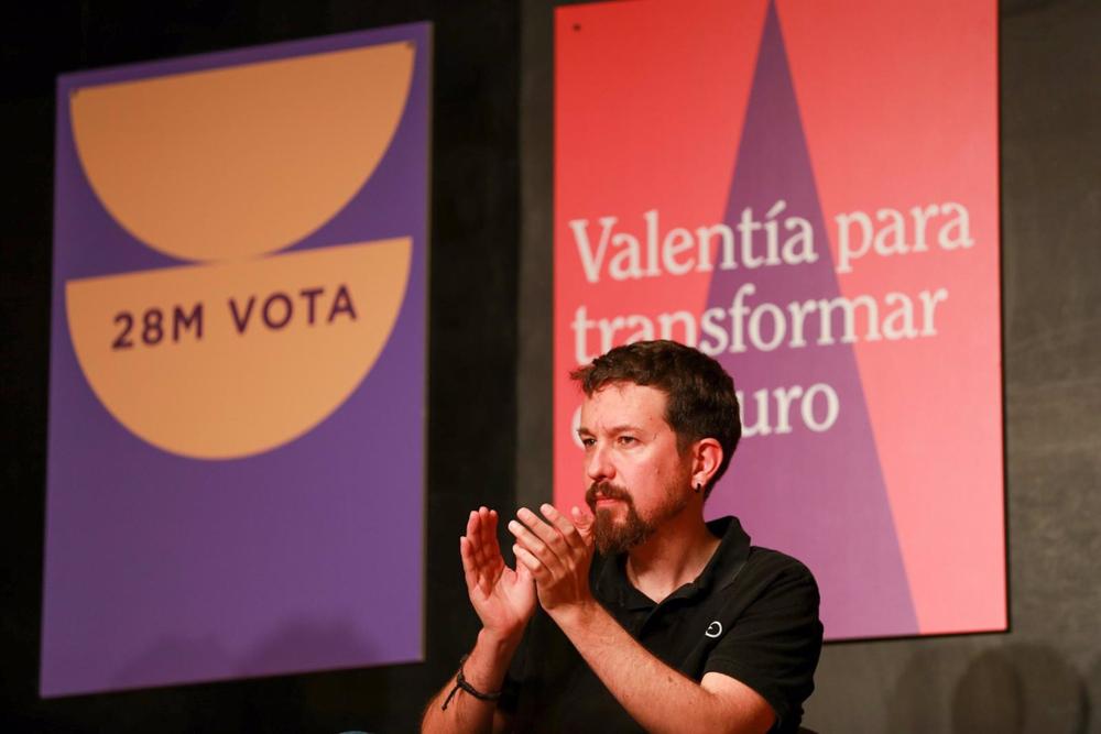 El exvicepresidente segundo del Gobierno y exlíder de Podemos, Pablo Iglesias, apoya a la candidata de Unidas Podemos a la Presidencia del Govern en Palma, Antonia Jover, a 20 de mayo de 2023, en Palma, Mallorca, Islas Baleares (España). El