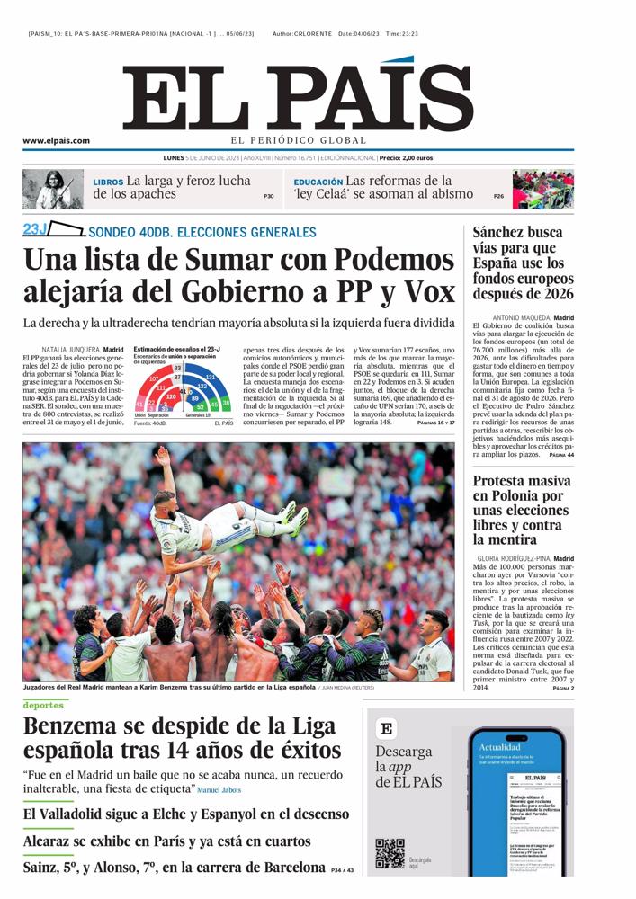 Portada de El País 5 de junio de 2023 Portada