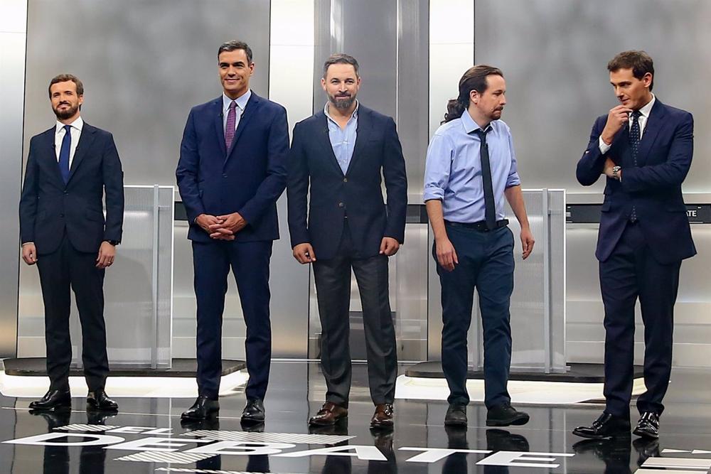 Archivo - Los candidatos de un debate a 5 en las últimas generales: Pablo Casado (PP); Pedro Sánchez (PSOE); Santiago Abascal (VOX); Albert Rivera (Ciudadanos); Pablo Iglesias (Unidas Podemos) Archivo