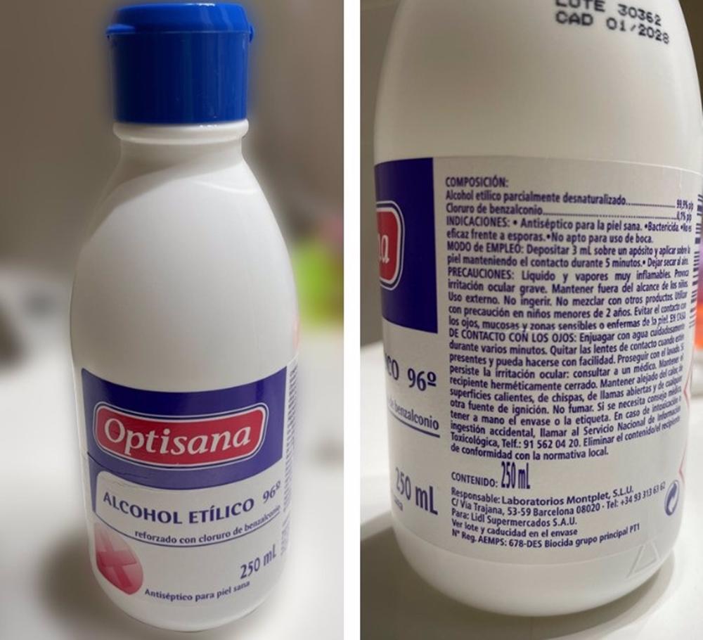 El producto biocida 'Optisana Alcohol 96º'. El
