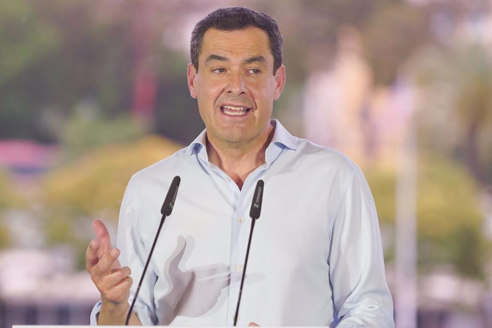 El presidente del PP de Andalucía y de la Junta, Juanma Moreno, durante su intervención en la reunión de la Junta Directiva Regional del PP-A, a 06 de junio del 2023 en Sevilla (Andalucía, España) El